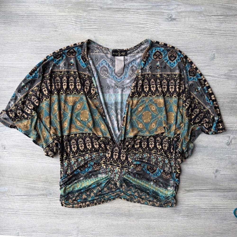 Vintage Baby Phat Y2K Paisley Dolman Sleeve Ruched Waist Top Teal Gold Large